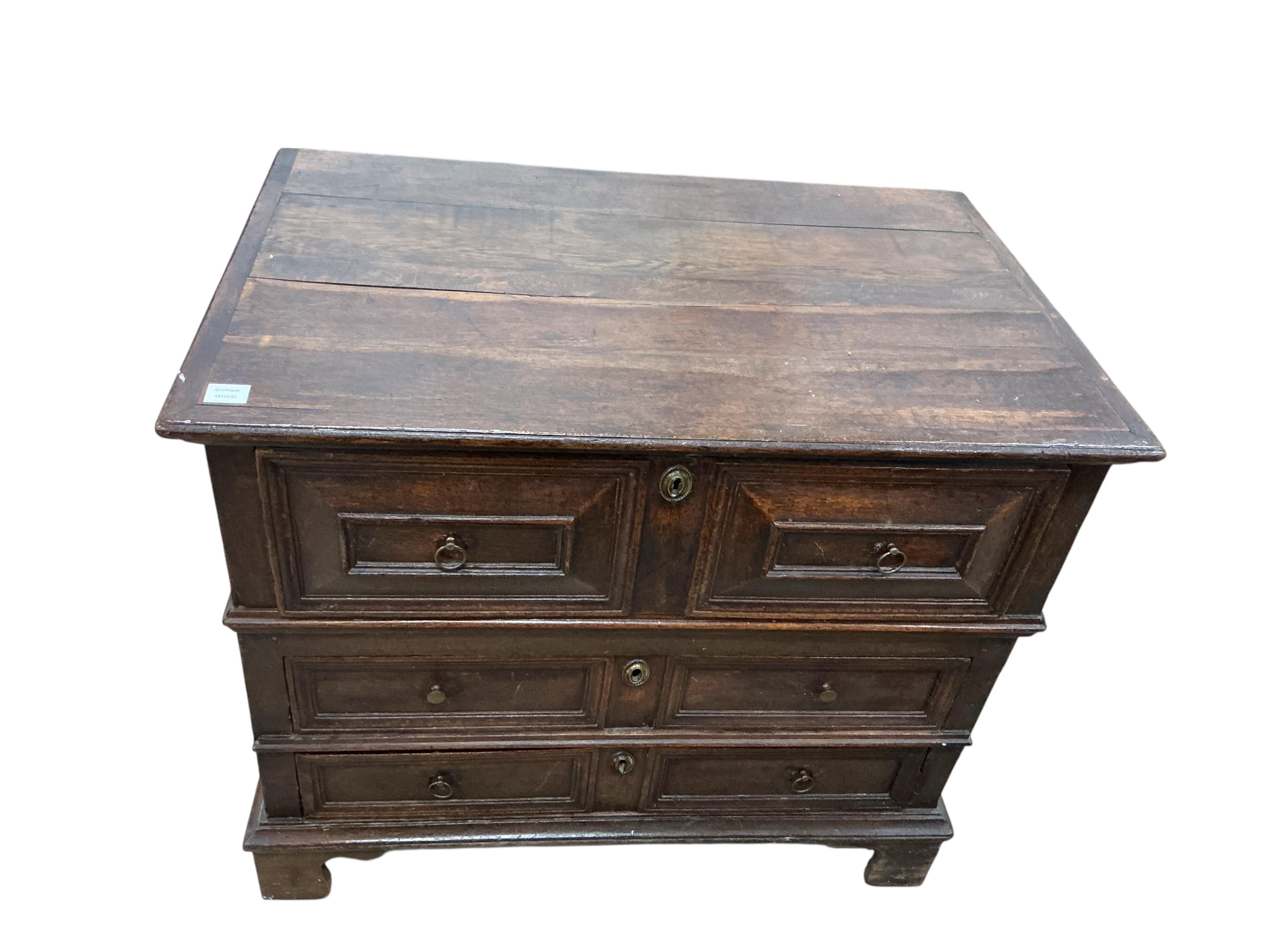 A William and Mary oak two part chest, width 108cm, depth 69cm, height 93cm.